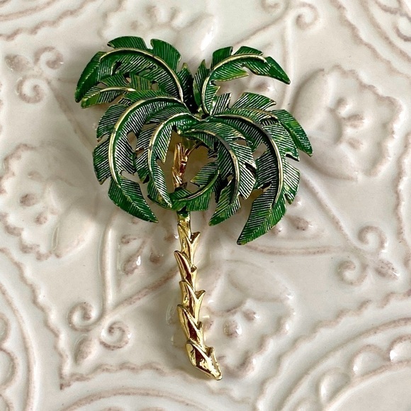 Palm Tree Green Gold Textured Brooch Ocean Caribbean Beach Vaca Cruise Holiday - Picture 4 of 16